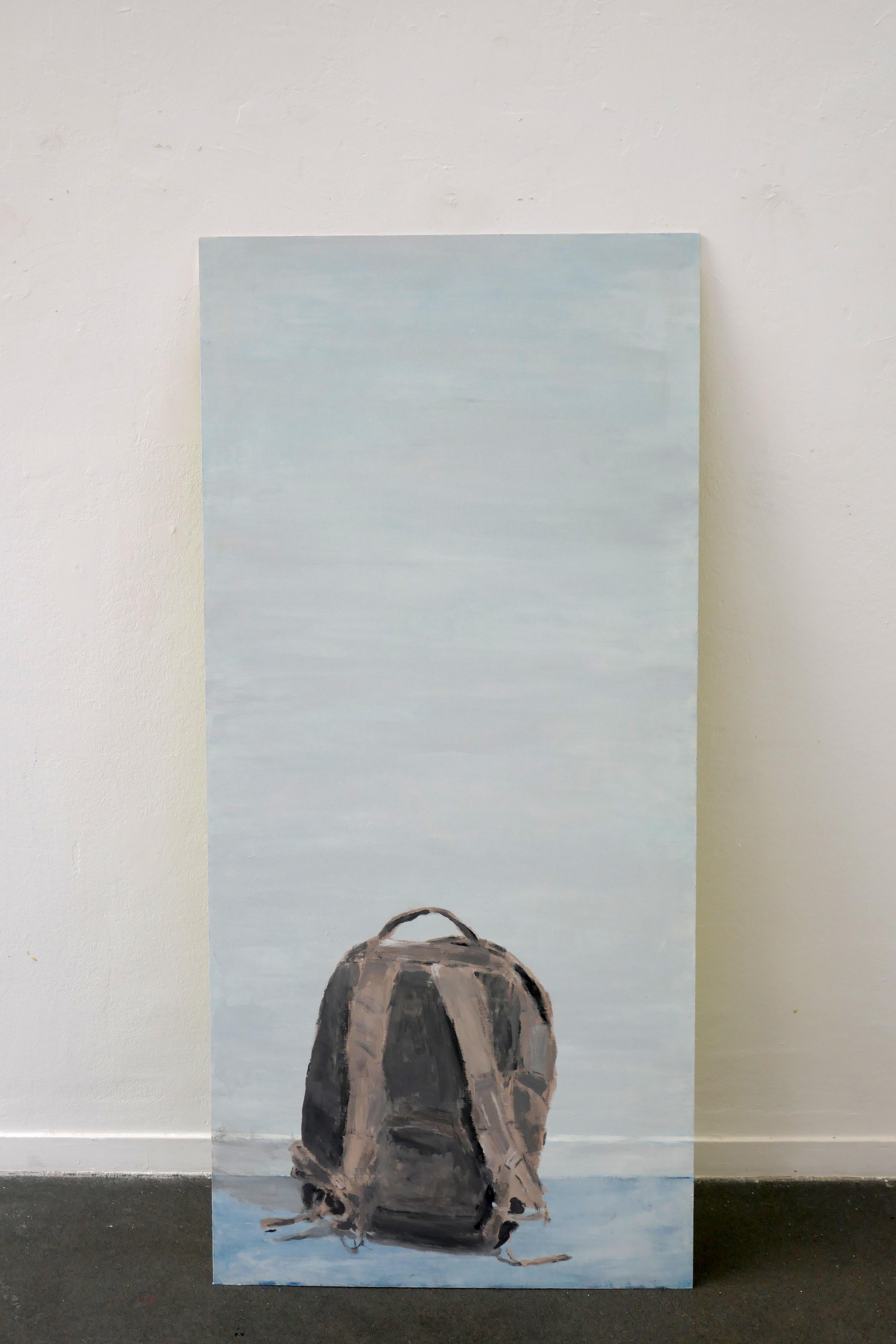 <em>Sac à dos in situ</em>, 2017 140x80 cm, acrylic and spray paint on wood.